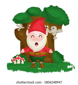 cute Gnome standing front tree house in water color style.