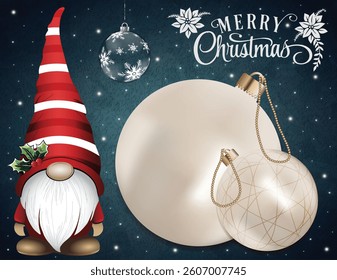 A cute gnome standing near decorative holiday baubles on a midnight blue background.