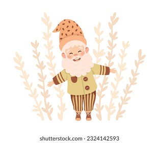 Cute gnome standing in tall grass. Happy fairytale dwarf elf character cartoon vector illustration