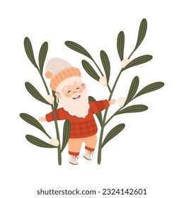 Cute gnome standing in tall green grass. Happy smiling fairy tale dwarf elf character cartoon vector illustration