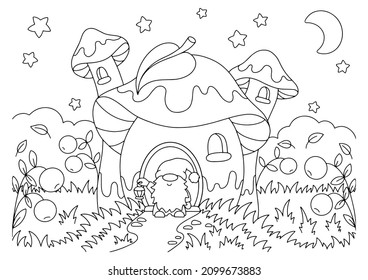 A cute gnome stands in a clearing near the mushroom house. Coloring book page for kids. Cartoon style character. Vector illustration isolated on white background.