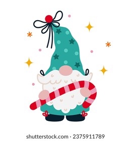 Cute gnome with a striped Christmas candy. Hand drawn vector illustration isolated on white. Santa Claus helper in a stocking cap with stars, turquoise suit. Flat cartoon clipart for print, cards