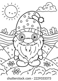 Cute gnome in the summer garden. Coloring book for children. Gnome coloring book. Black and white vector illustration.