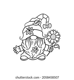 Cute gnome with sunflower. Autumn Thanksgiving doodle. Scandinavian gnome black and white vector illustration. Adorable gnome character with fall leaves. Line art thanksgiving symbol.  