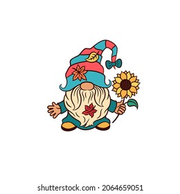 Whimsisches Gnomen mit Sonnenblumen. Danksagend Grußkartendesign. Adorable gnome lustige Hut Vektorgrafik. Skandinavische elftonttu Vektorgrafik. Herbstgarten Gnome Clipkunst. Hut.