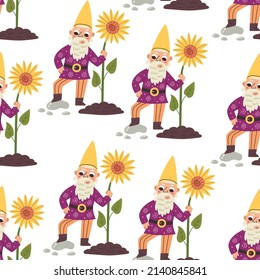 Cute gnome with sunflowers pattern. Forest dwarf elf doodle hand drawn flat cartoon background nursery vector digital paper textile fabric wallpaper