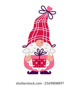 Cute gnome with a surprise gift, vector icon. Funny elf with beard, in a red and pink suit and a checkered hat with bow, heart. Happy Valentine's Day, romantic present, love party. Hand drawn clipart