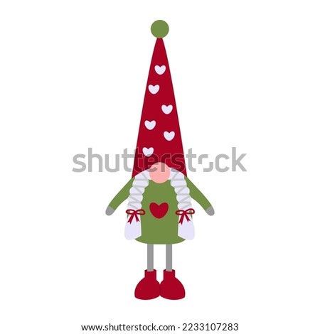 Cute gnome with a tall red cap. Vector Christmas character. Dwarf with two pigtails in red boots. Gnome on thin long legs.  Vector illustration with isolated background. Topical winter theme. 