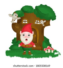 cute Gnome and tree house in water color style.