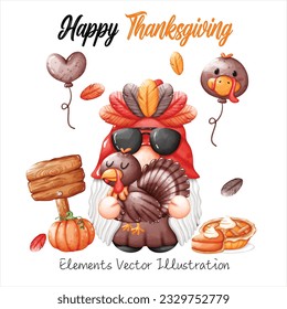 Cute Gnome Turkey Pumpkin Pie , wooden Sign , Balloons Face Turkey and Feathers Thanksgiving Fall Autumn Elements Watercolor Vector File , Clipart cartoon style For banner, poster, card, t shirt