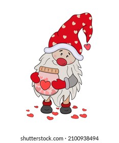 Cute Gnome Valentine with a jar filled with hearts