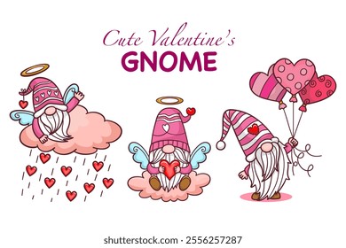 Cute gnome in Valentine set illustration by hand drawn.