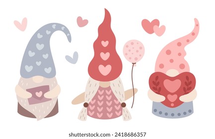 Cute gnome Valentines clipart. Valentines day clipart. Gnome love in cartoon flat style. Vector illustration.