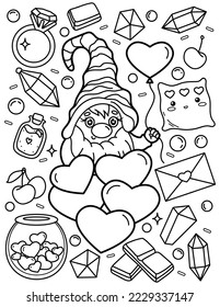 Cute gnome and valentine's day. Decorations for lovers. Coloring book for children. Gnome coloring book. Black and white vector illustration.