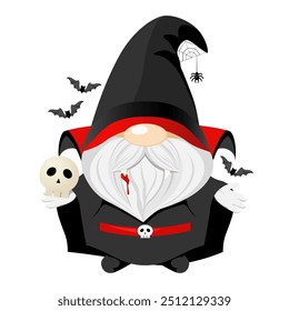 Cute gnome in vampire costume with skull, flying bats and spider