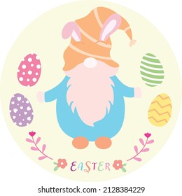 Cute Gnome Vector Wearing Bunny Ears With Egg Illustration For Easter Holiday And Kawaii Spring Cartoon: Fairy Tale Series Characters (flat Girly Doodle). Perfect Nursery Baby.