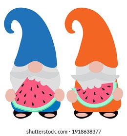 gnomo lindo con sandía, ilustraciones vectoriales.