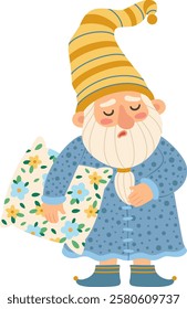 Cute gnome wearing blue nightgown and yellow striped nightcap holding pillow walking to bed, getting ready to sleep, funny fairytale character, isolated illustration on white background