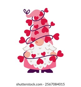 A cute gnome is wrapped in a festive garland with hearts. Funny elf with beard, in a red and pink suit, a holiday hat. Happy Valentine's Day, love party, romantic surprise. Hand drawn cartoon clipart