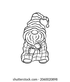 The cute gnome wrapped in plaid. Cozy autumn illustration. Warm checkered plaid. Scandinavian gnome. The little dwarf threw a blanket over his body. Line art hand-drawn doodle gnome isolated on white.