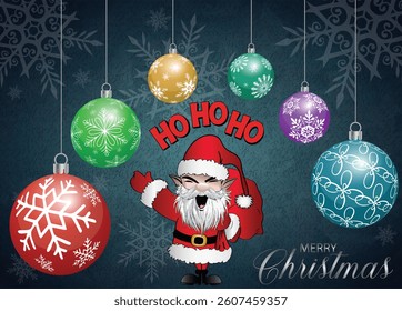 Cute gnome Xmas holiday cartoon illustration on a dark blue backdrop.