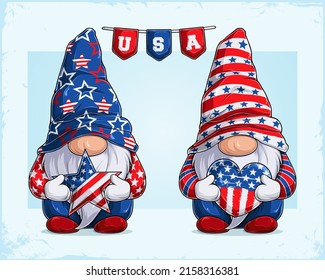 Cute gnomes in 4th of July disguise holding USA Star and heart celebrating American independence day