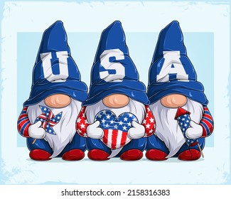 Cute gnomes in 4th of July disguise with USA word in there hats holding Pinwheel Heart and Fireworks