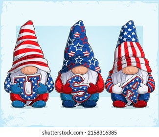 Cute gnomes in 4th of July disguise holding 3d USA alphabets celebrating American independence day