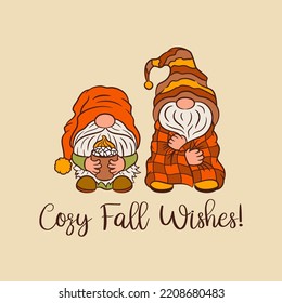 Cute gnomes autumn card template. Cozy fall wishes text. Funny scandinavian elf characters fall cottagecore theme. Nordic gnomes vector for print, cut file, home decor, invitation, poster or banner.
