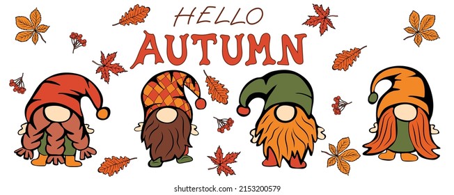 Cute gnomes with autumn leaves and berries. Cartoon hand drawn Leprechauns for cards, decor, shirt design, invitations. Vector illustration