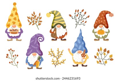 Cute gnomes with autumn leaves. Set of elements. Vector illustration