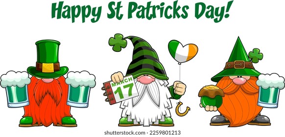 Cute Gnomes Cartoon Characters With Text Happy St Patricks Day. Vector Hand Drawn Illustration Isolated On Transparent Background