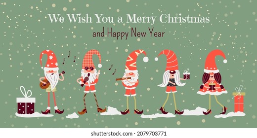 Cute gnomes celebrate Christmas, sing songs, give gifts. Xmas and New Year snowy card, banner, invitation, festive background. Vector cartoon flat illustration