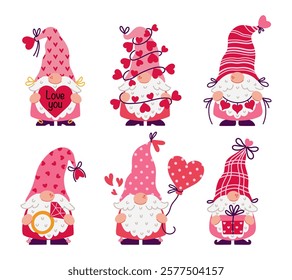 Cute gnomes celebrate Valentines Day. Funny elves with a heart, a balloon, garlands, a wedding ring, a gift. Cartoon dwarves in hats. Love party, romantic surprise. Hand drawn vector set, February 14