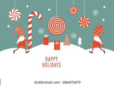 Cute Gnomes and Christmas festive design elements, candy cane, sweets, GIFTS