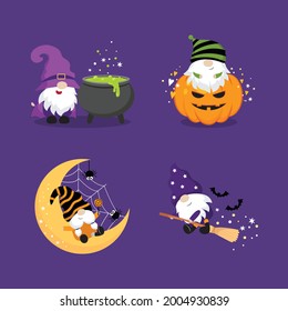 Arte de un clip de gnomes lindo para el día de Halloween. Pequeño enano de bruja. Diseño de dibujos animados de vector plano