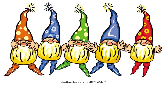 Cute gnomes in colorful caps. Funny characters for decorations, greetings cards and other design artworks. Vector clip art.