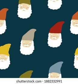 Cute Gnomes With Colorful Hats And Big Beards Seamless Pattern On Dark Blue Background, Fabric Wrapping Paper Seamless Pattern Gnomes