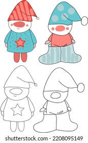 Cute Gnomes Coloring Page. Hand-drawn doodles illustration. Line art. Icon
