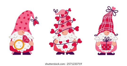 Cute gnomes congratulate on Valentine's Day, vector set. Elves holding an engagement ring, a garland of hearts, a festive gift. Cartoon dwarves in hats. Love party, romantic surprise. Hand drawn art