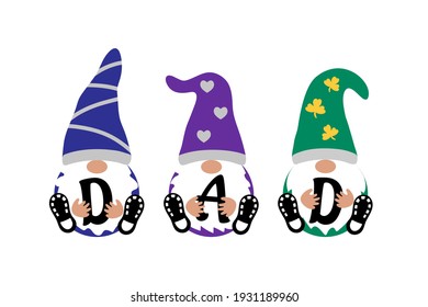 Cute Gnomes with Dad sign on white background. Scandinavian Nordic Gnomes celebrate Father's day. Father's day greeting card, t shirt print, web design.