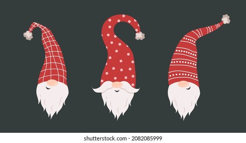 Cute gnomes faces in santa hats on black background. Scandinavian christmas elves. Vector illustration in flat cartoon style. Nordic element design for greeting cards, season greetings, web, wrapper.