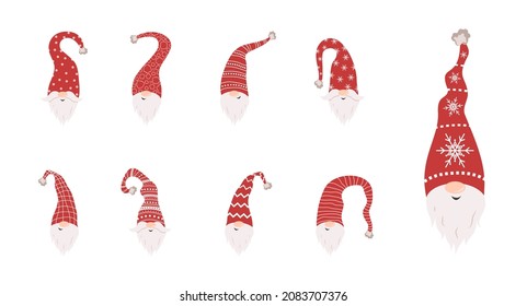 Cute gnomes faces in santa hats on white background. Scandinavian christmas elves. Vector illustration in flat cartoon style. Nordic element design for greeting cards, season greetings, web, wrapper.