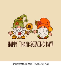 Cute gnomes fall card template. Funny scandinavian gnome characters autumn design. Happy Thanksgiving day text. Fall nordic gnomes vector for fall print, cut file, home decor, invitation, poster, etc.