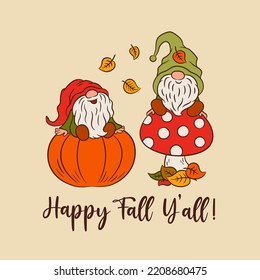 Cute gnomes fall card template. Funny scandinavian gnome characters children illustration. Happy fall y`all text. For textile placement print, cut file, home decor, embroidery, sublimation, poster.