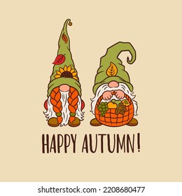 Cute gnomes fall card template. Funny scandinavian gnome characters autumn thanksgiving theme. Happy autumn text. Fall nordic gnomes vector for  print, cut file, home decor, invitation, poster, etc.