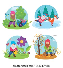 Cute gnomes flat set with four isolated compositions representing four seasons with dwarfs performing garden works vector illustration