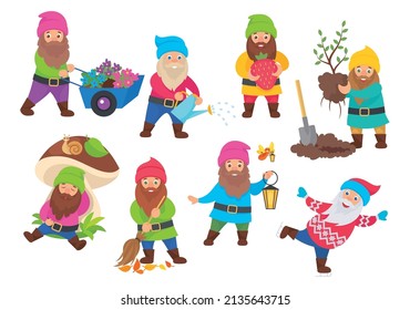 Cute gnomes flat set with isolated characters of dwarfs wearing colorful hats costumes doing gardening works vector illustration