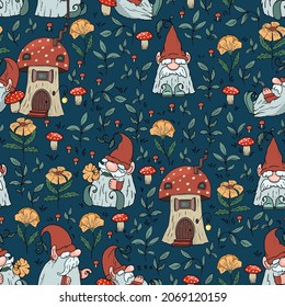 Cute gnomes with flowers and a mushroom house on a blue background. Seamless pattern.