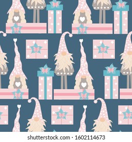 cute gnomes and gifts in a valentine pattern design, perfect to use on the web or in print for surface design